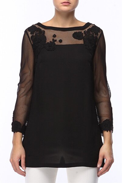 Escada Uzun Kol Dantel Detaylı Kayık Yaka Siyah İpek Bluz