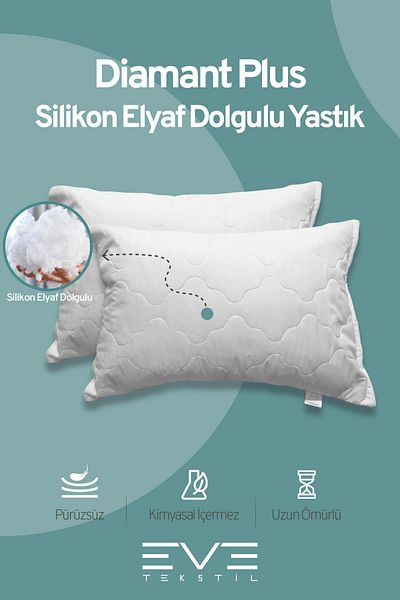 Eve Tekstil 6 Pieces Diamant Plus Antiallergic Silicone Fiber Pillow with Cover Zipper, Washable, 50X70Cm, 800Gr