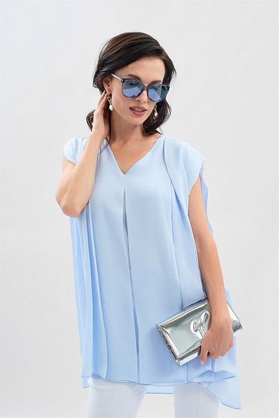 Escada V-Neck Pleated Baby Blue Silk Blouse