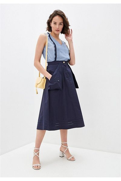 Escada Lace Detailed V-Neck Sleeveless Blue Cotton Blouse