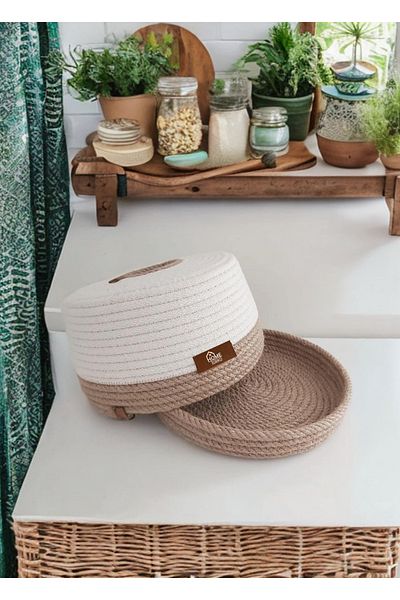 HomeTurko Boho Design - Versatile Jute Round Napkin Holder Wicker Napkin Box, Home Office Item