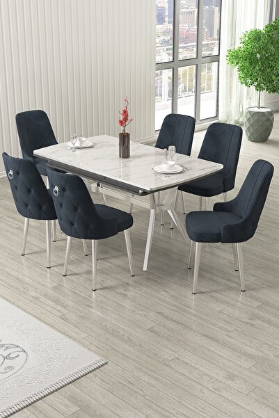 Canisa Nis Serisi 89x150 Açılabilir Lak Panel Beyaz Mermer Krom Ayak Masa Tak...