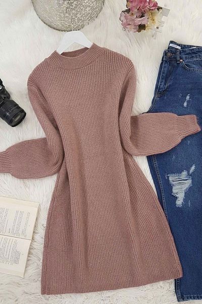 Modamorfo Knitted Knitwear Tunic - Balloon Sleeve and Soft Detail - Salmon