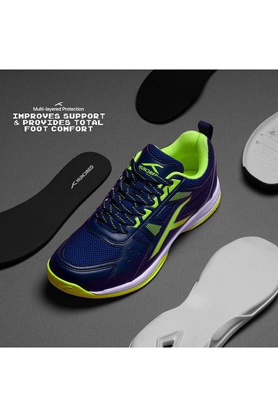 Hundred Raze Badminton Shoes (NAVY BLUE/LIME, UK 5 / US 6 / EU 39) | Non-marking | Rubber