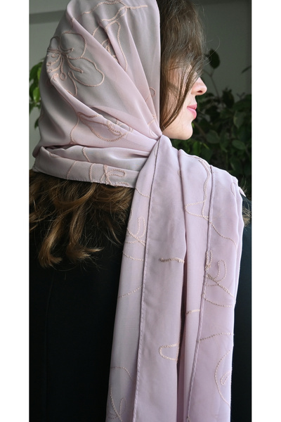 Yuss Nakışlı Abiye Şal Mevlüt Örtüsü (PUDRA)