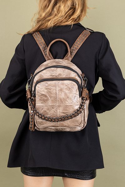 Getcho Belay Women's Mink Backpack – Chain Detail, Stapled Strap, Multi-Pockets, Suitable for Daily Use