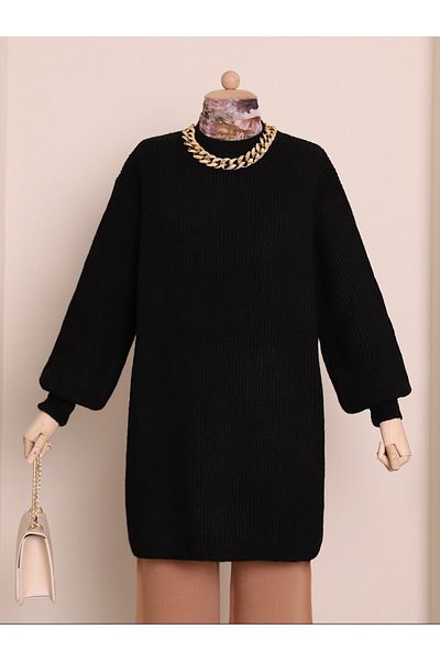 Modamorfo Balloon Sleeve Soft Knitted Knitwear Tunic -Black