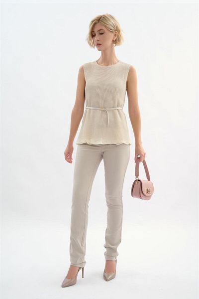 Escada Belted Sleeveless Crew Neck Knit Viscose Blouse