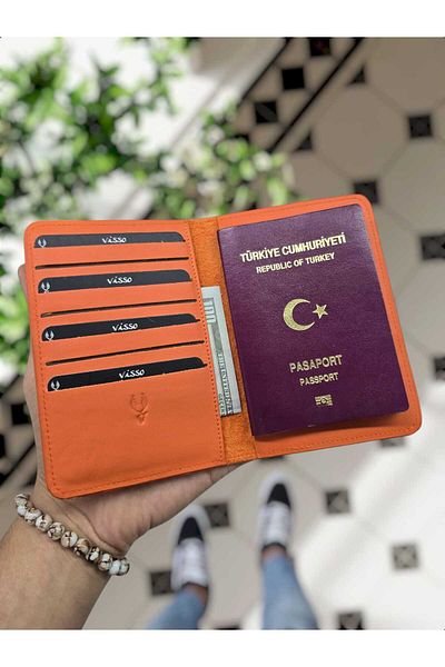 VİSSO 911 Orange Orange Color Leather Wallet and Card Holder Set - Women and Men Model