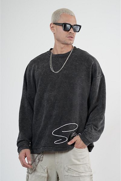Butik Trend We Bicycle Neck Washed Embroidered Oversize Fit Sweatshirt