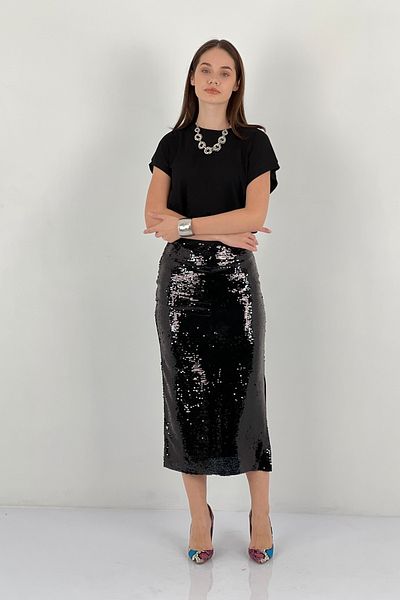 Miss Poem Women's Long Slit Detailed Black Sequined Skirt