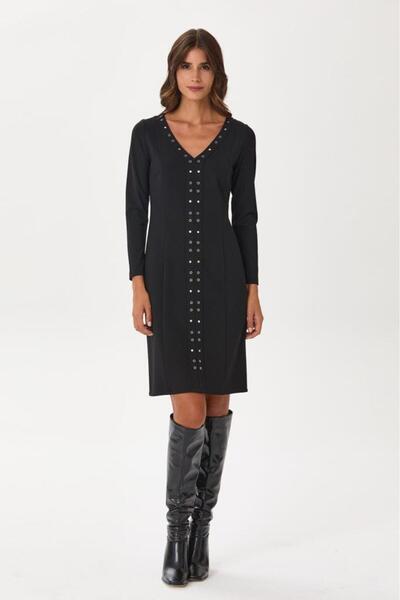 İKİLER V Yaka Kuşgözü ve Çıtçıt Detaylı Elbise 245-2506