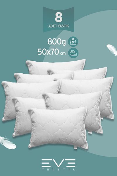 Eve Tekstil 8 Pieces Diamant Plus - Antiallergic Silicone Fiber Pillow with Cover Zipper and Washable, 50X70Cm