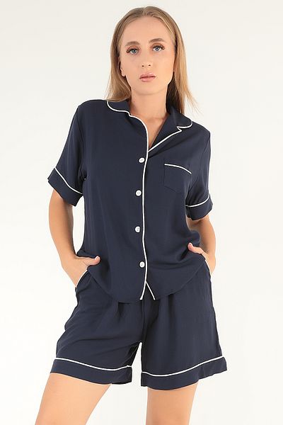 Doremi Navy Blue Short Sleeve Women's Shorts Pajama Suit