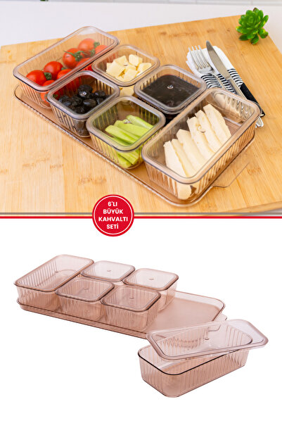 Flora 6 Bölmeli Tepsili Ve Kapaklı 13 Parça Büyük Boy Kahvaltılık Seti, Saklama Kabı
