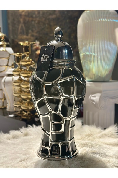 vazo 42 cm Siyah Gümüş Çatlak Desenli Seramik Vazo