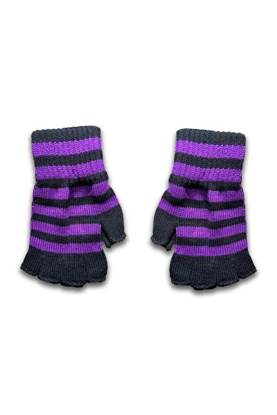 Karakedi Mor Siyah Çizgili Kesik Parmak Unisex Eldiven