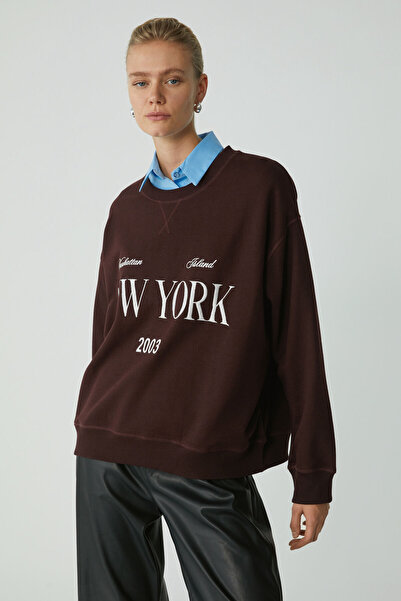 ETHIQUET Modest Petrabb Kadın Içi Polarlı Yumuşacık Comfort Önü Nakışlı Örme Bordo Büyük Beden Sweatshi