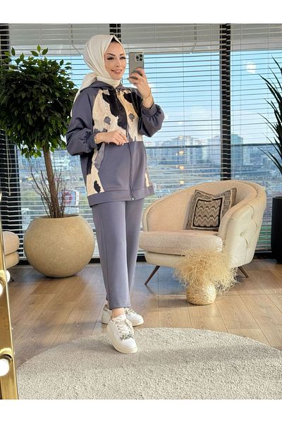 ALANURMODA 22622 Front Feather Pattern Pocket Hooded Zippered Set