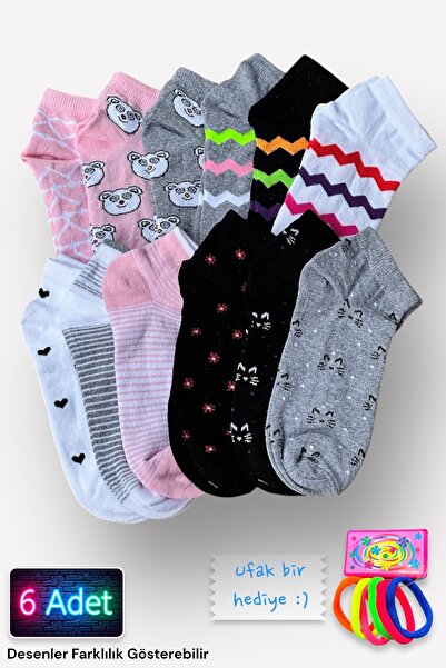 Katmirra 6'lı Kadın Desenli Penye Patik Çorap (6'lı LastikToka Hediyeli)