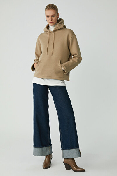 ETHIQUET Modest Piper Women's Polar Fleece Soft Comfort Fit Hooded Kangaroo Pocket Beige Sweatshirt