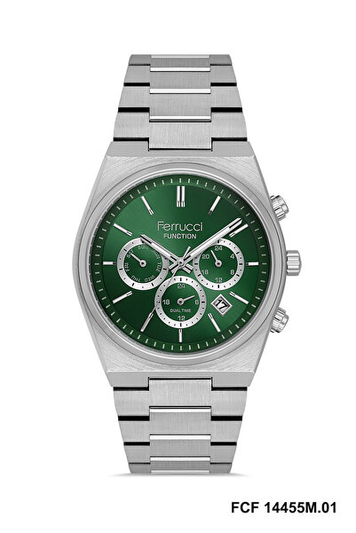 Ferrucci YUVARLAK YEŞİL KADRANLI MULTI FONCTION DUAL TIME GÜMÜŞ ERKEK KOL SAATİ