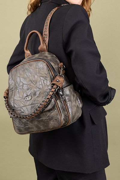 Getcho Subset Women's Brown Chain Detailed Leather Backpack – Stylish, Multi-Pocket, Zippered Daily Bag