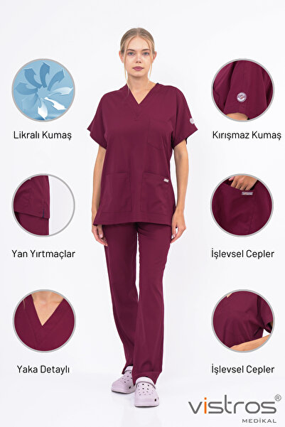 Vistros Medikal V Yaka Detaylı Unisex Bordo Medikal Doktor Hemşire Forma Cerr...
