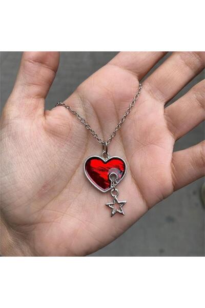 Karakedi Lock Detail Star Red Heart Silver Necklace