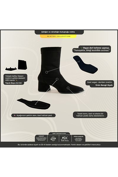 Güllü Shoes Cizme Midi de damă din piele intoarsa neagra - Model de cizme confortabile de iarna impermeabile, cu toc si care tine cald