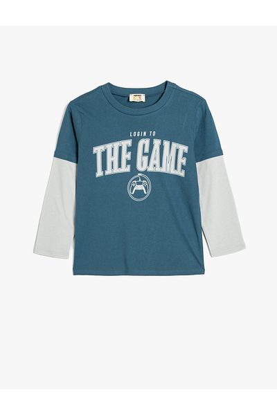 Koton Tricou cu mânecă lungă din bumbac - Imprimat cu slogan, decolteu