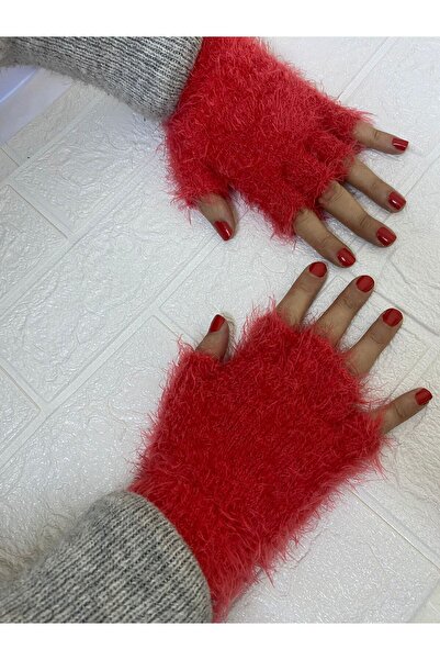 sema aksesuar Red Color Plush Cut Finger Gloves - Fingerless Gloves - Gift - New Year New Year