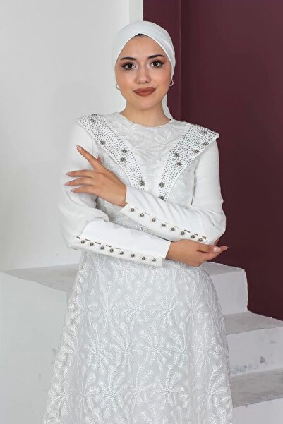 PHELDA Φόρεμα με λεπτομέρειες από πέτρα και μαργαριτάρια, Guipure Hijab 721-Λευκό