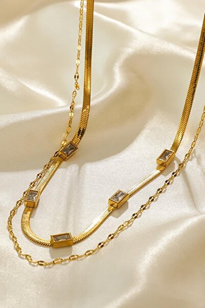 New Obsessions Double Row Flat Chain and Baguette Stone Stainless Steel Gold Color Women's Necklace