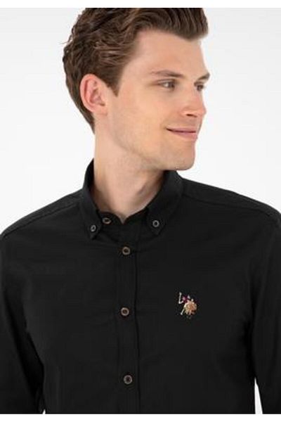 U.S. Polo Assn. БАЗА. POLO ASSN. МЪЖКА ТЪКАНА ЧЕРНА РИЗА Slim Fit