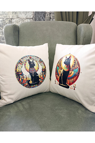GÖKÇEN HOBİ Bastet Antik Mısır Kırlent Yastık Kılıfı Kanvas Kumaş Ikili 40x39 Cm