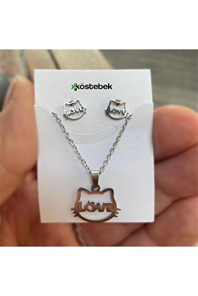 Karakedi Silver Hello Kitty Face Love Necklace and Earring Set