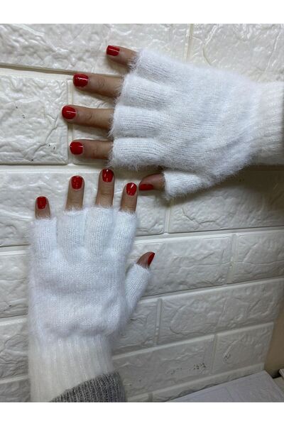 sema aksesuar White Color Plush Cut Finger Gloves - Fingerless Gloves - Gift - New Year New Year