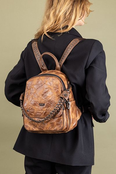 Getcho Subset Women's Brown Chain Detailed Leather Backpack – Stylish, Multi-Pocket, Covered Daily Bag