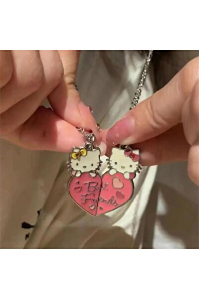 Karakedi Best Friends Pembe Kalpli Hello Kitty Çift Kolye