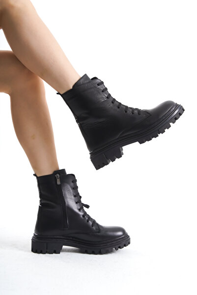 Lizzu Kadın Bağcıklı Hakiki Deri Düz Taban Bot Postal Troia Siyah