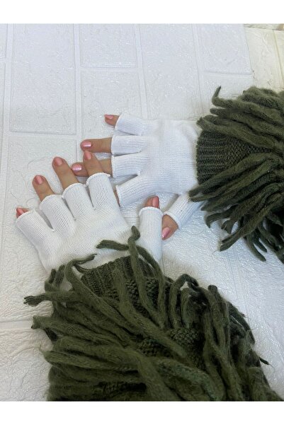 sema aksesuar قفازات تريكو بيضاء اللون - قفازات بدون أصابع - هدية - رأس السنة...