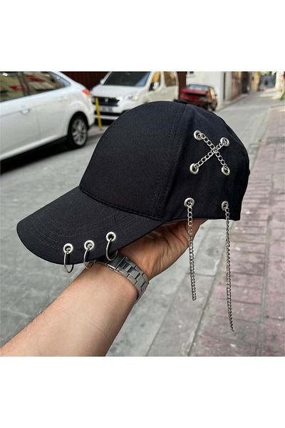 Karakedi Black Hat with Three Piercings and a Cross Chain