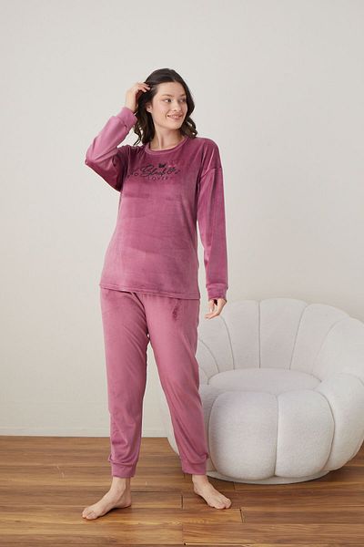 Meri Women's Powder Long Sleeve Crew Neck Solid Color Velvet Printed Pajamas Set
