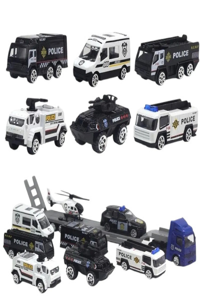 SmartFox Toy Car Set - 9 Pieces - Metal Police Vehicles and Carrier Truck