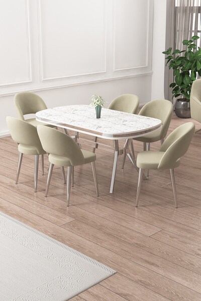 Canisa Jita Serisi 90x168 Lak Panel Beyaz Mermer Desen Krom Ayak Masa Takımı ve 6 Krem Sandalye