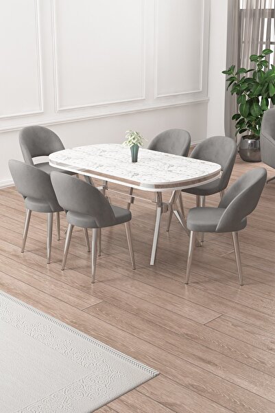 Canisa Jita Serisi 90x168 Lak Panel Beyaz Mermer Desen Krom Ayak Masa Takımı ...