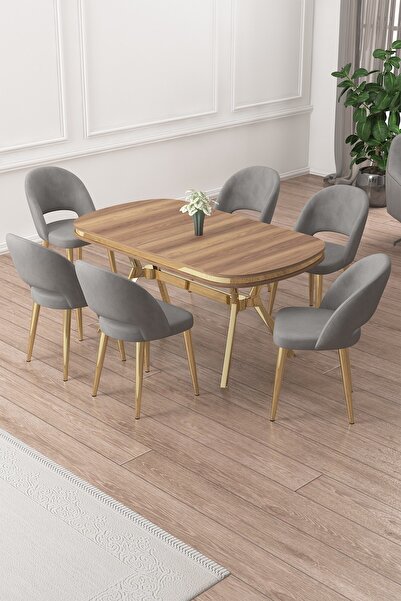 Canisa Jita Serisi 90x168 Lak Panel Hazar Gold Ayak Masa Takımı Ve 6 Gri Sandalye