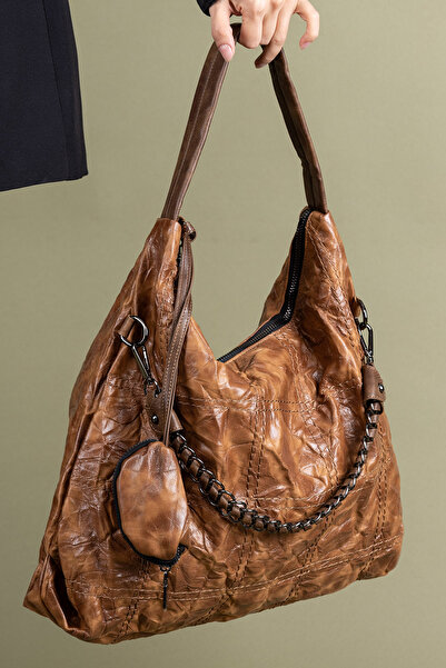 Getcho Major Brown Chain Detailed Large Women's Shoulder Bag - Lightweight and Multi-Compartment Design, Daily Bag