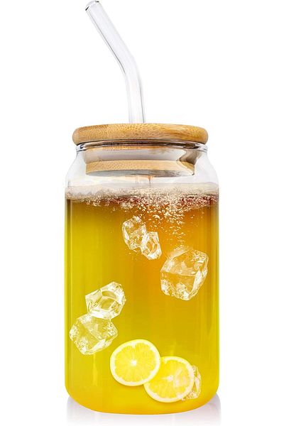 MIBRU Juice glass jar wood lid with straw 400ml